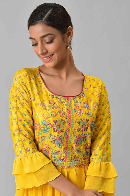 Yellow Floral Printed Dress with Pleats