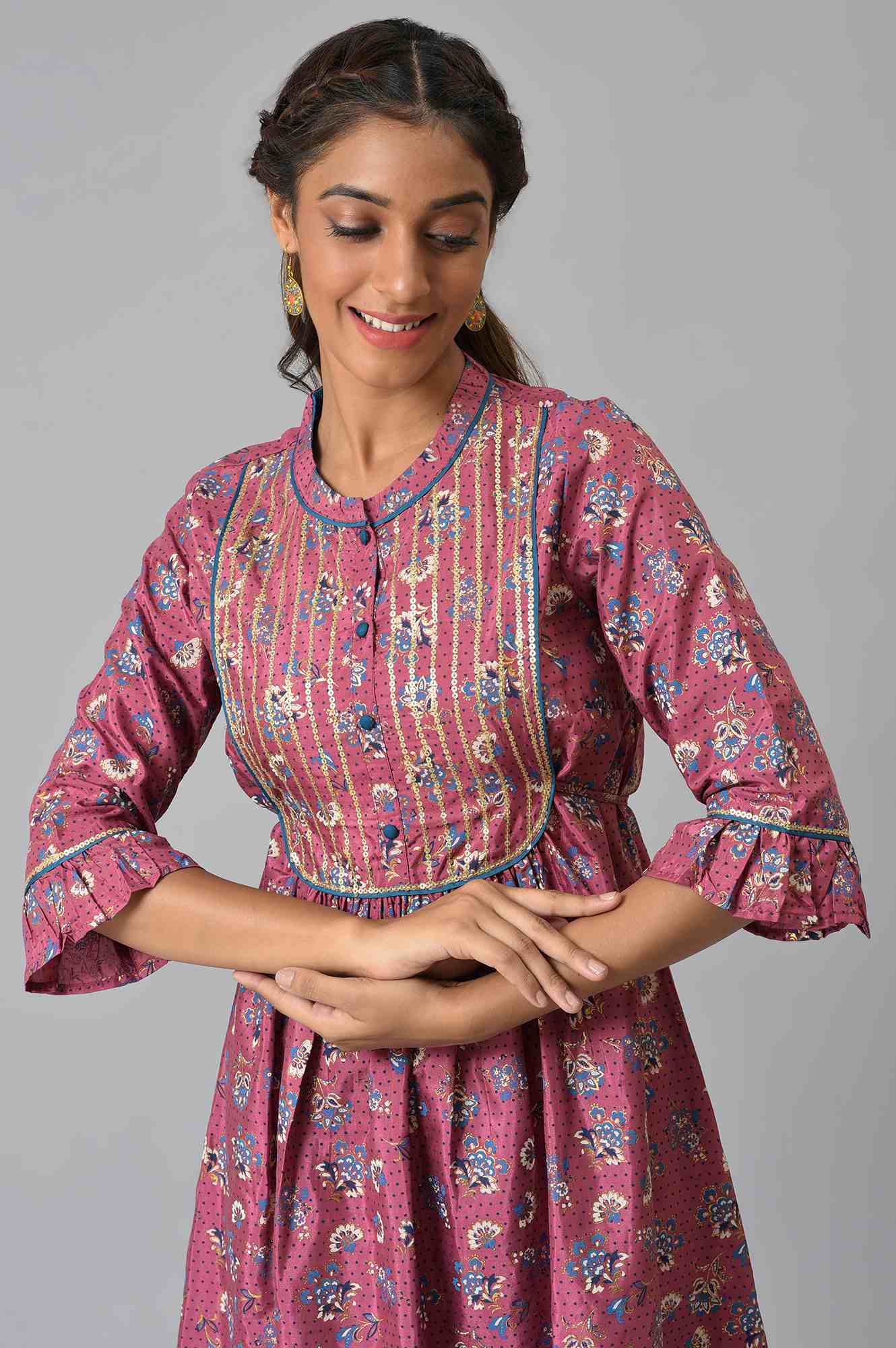 Pink Foil Sequins Shantung A-Line Kurta and Palazzo Set