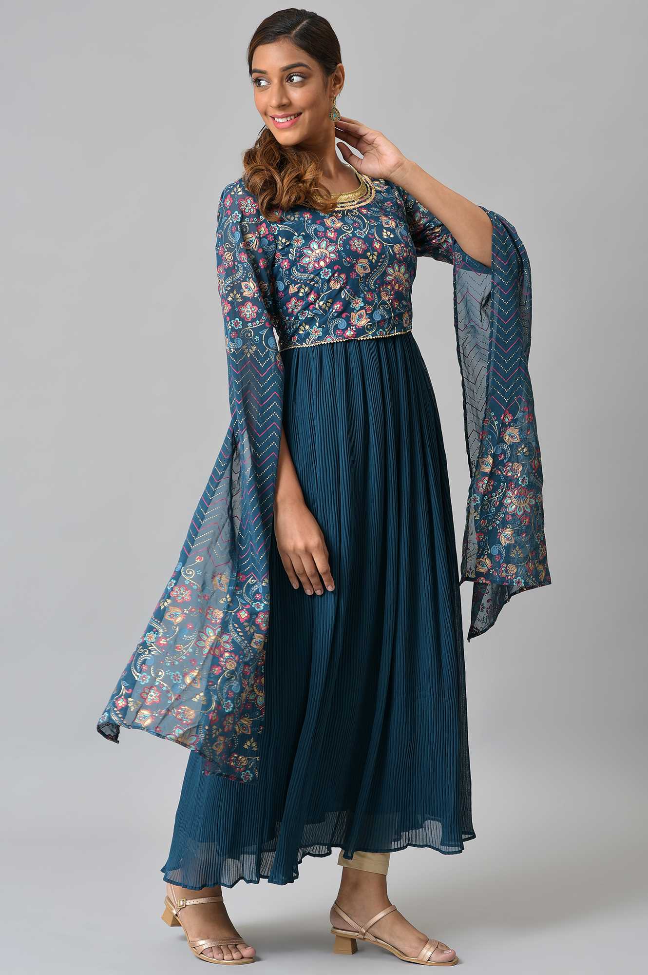 Blue Floral Printed Fairy kurta