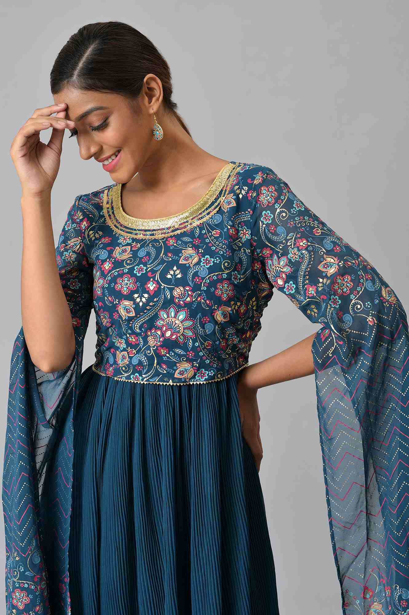 Blue Floral Printed Fairy kurta