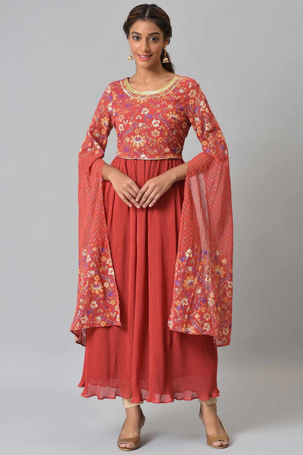 Red Floral Printed Fairy kurta - S