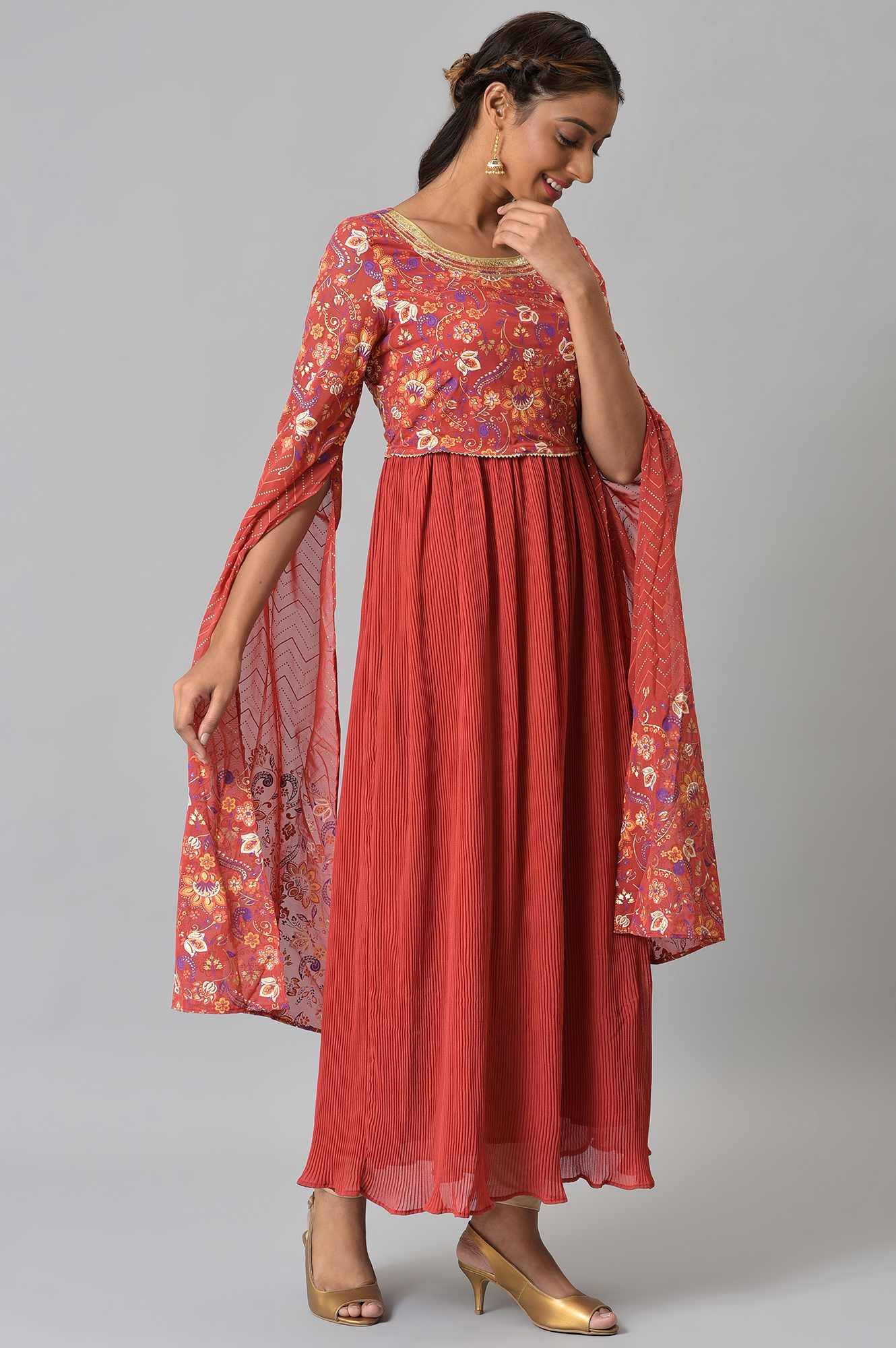 Red Floral Printed Fairy kurta