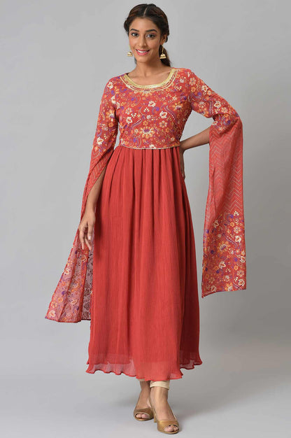 Red Floral Printed Fairy kurta