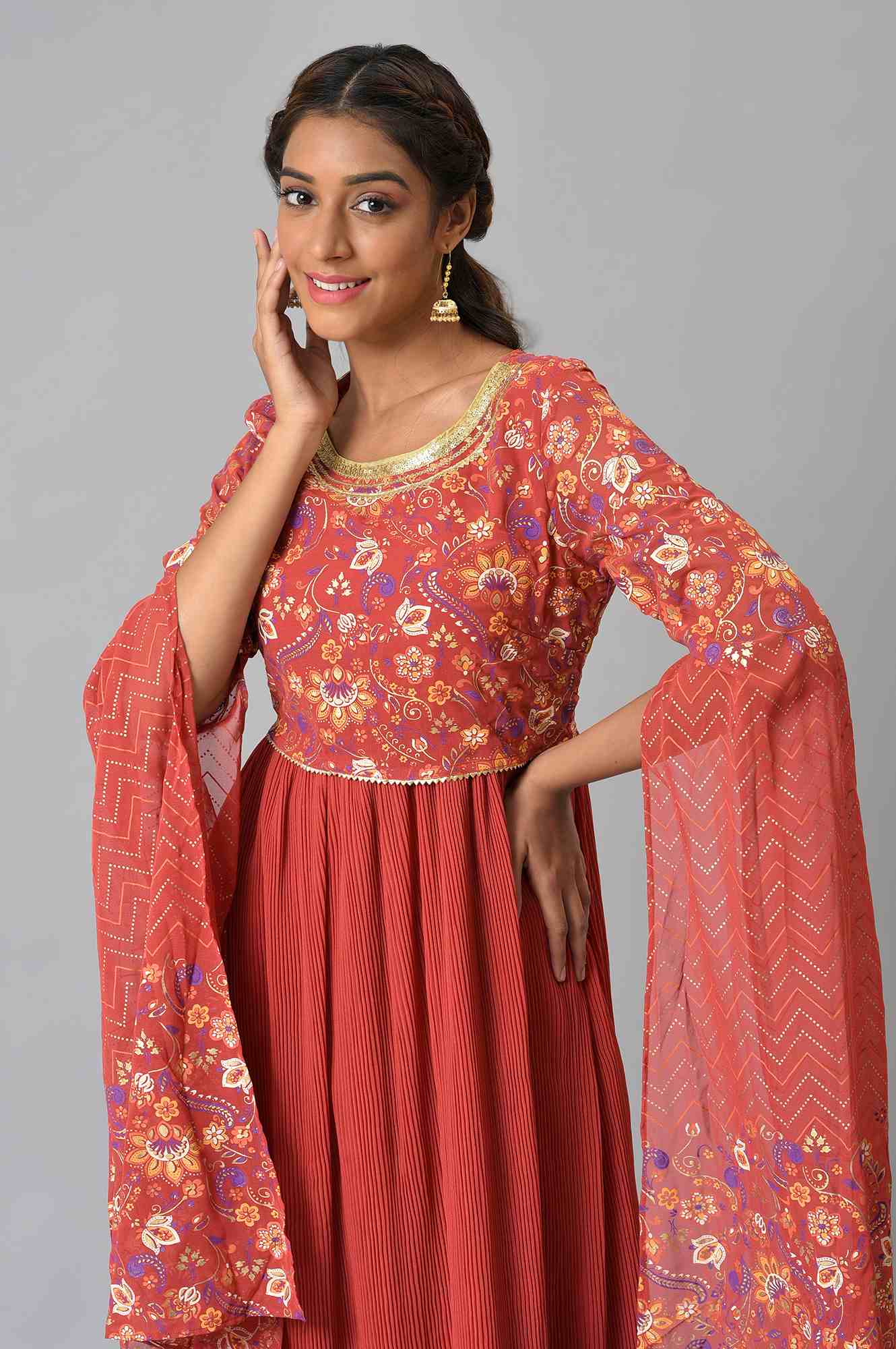 Red Floral Printed Fairy kurta