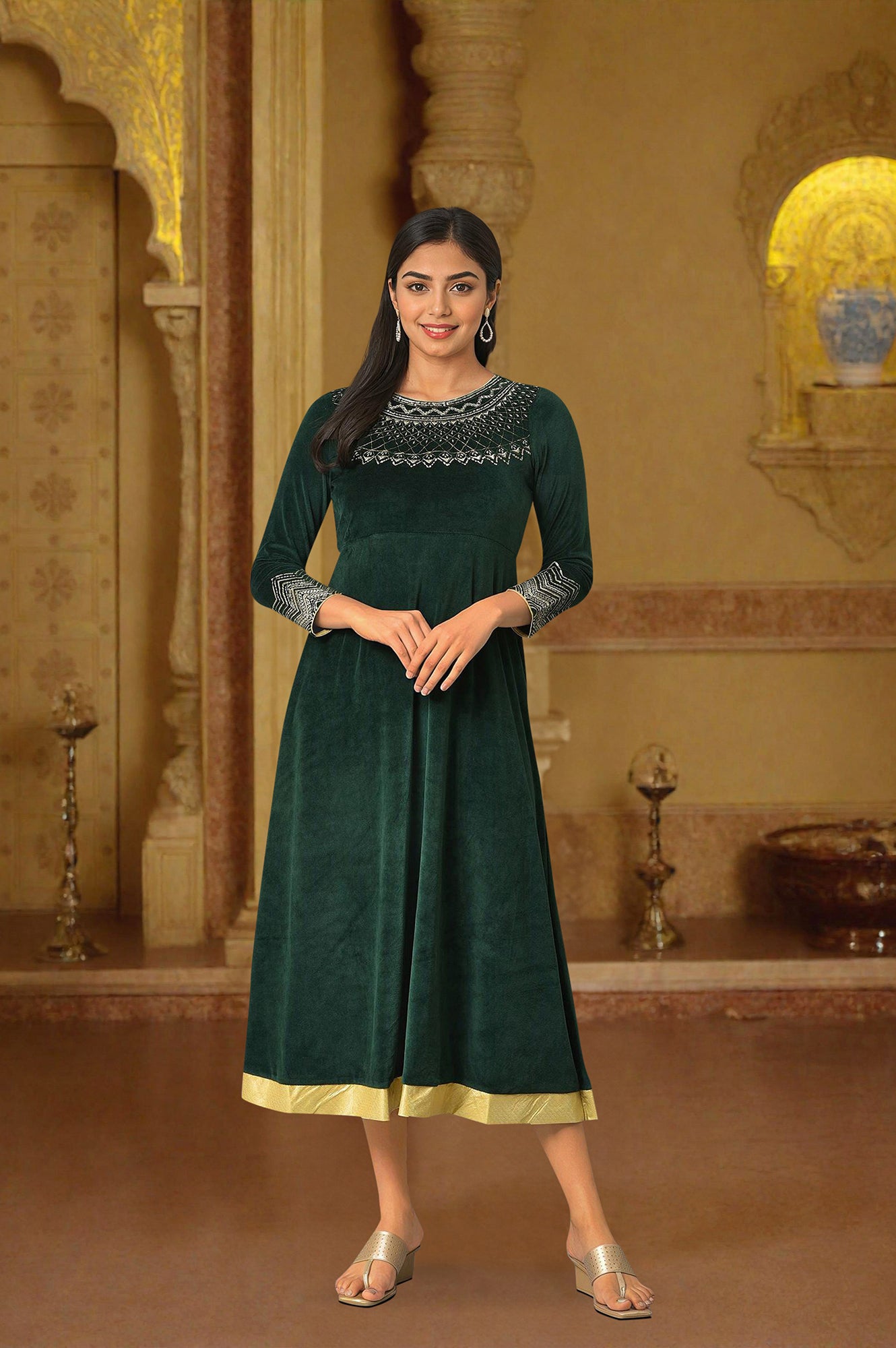 Green Zari Embroidered Long Dress