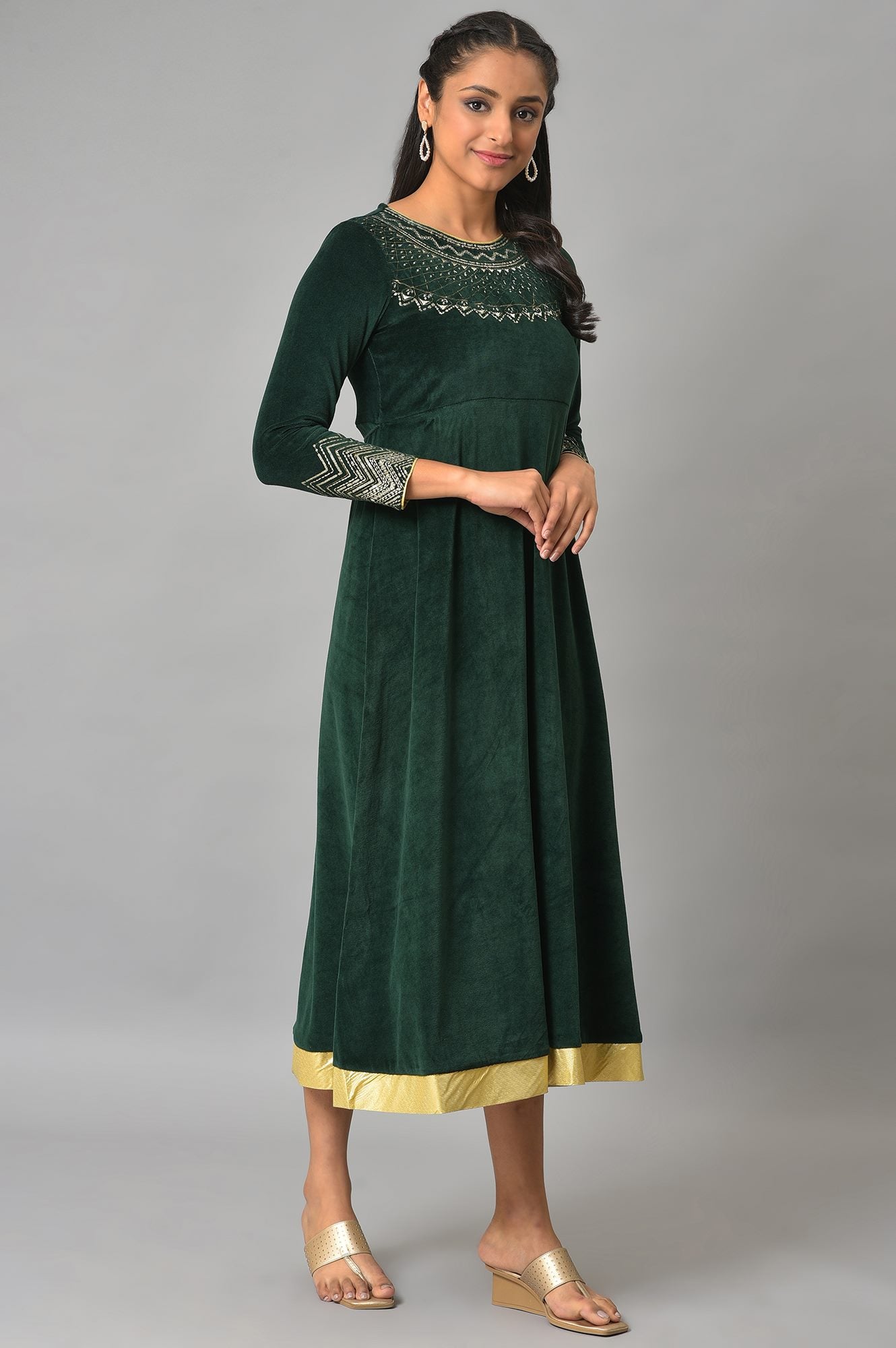 Green Zari Embroidered Long Dress