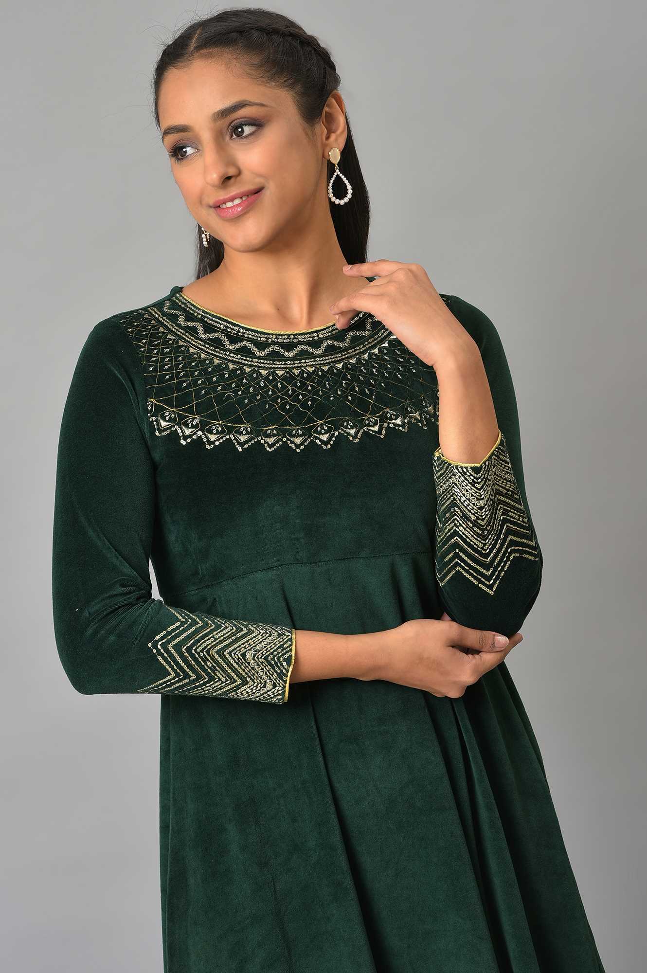 Green Zari Embroidered Long Dress