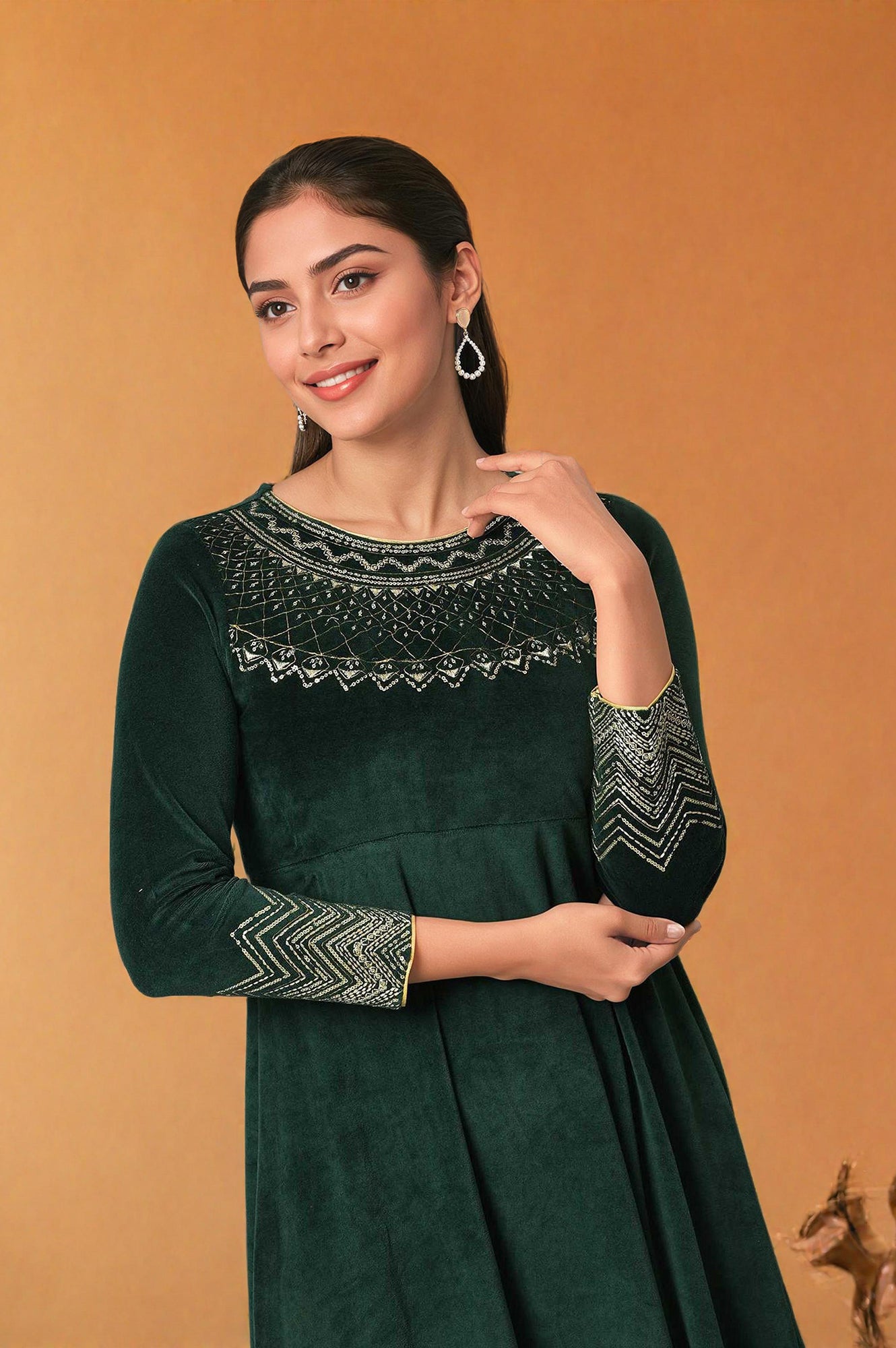 Green Zari Embroidered Long Dress