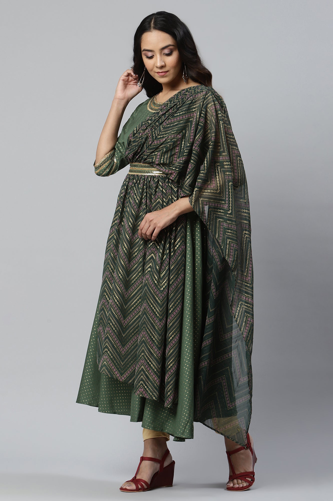 Green Embellished Drape Style kurta