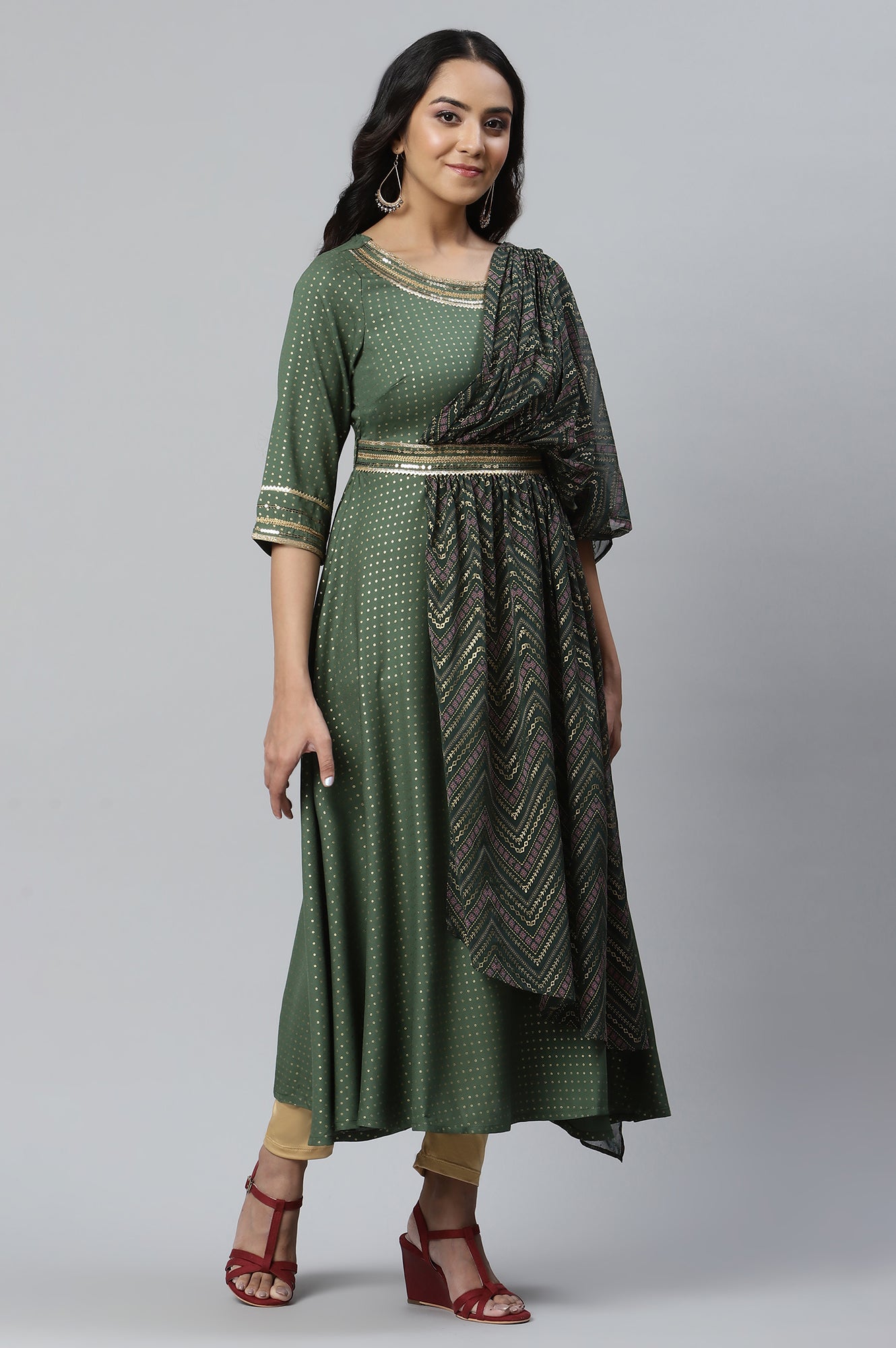 Green Embellished Drape Style kurta