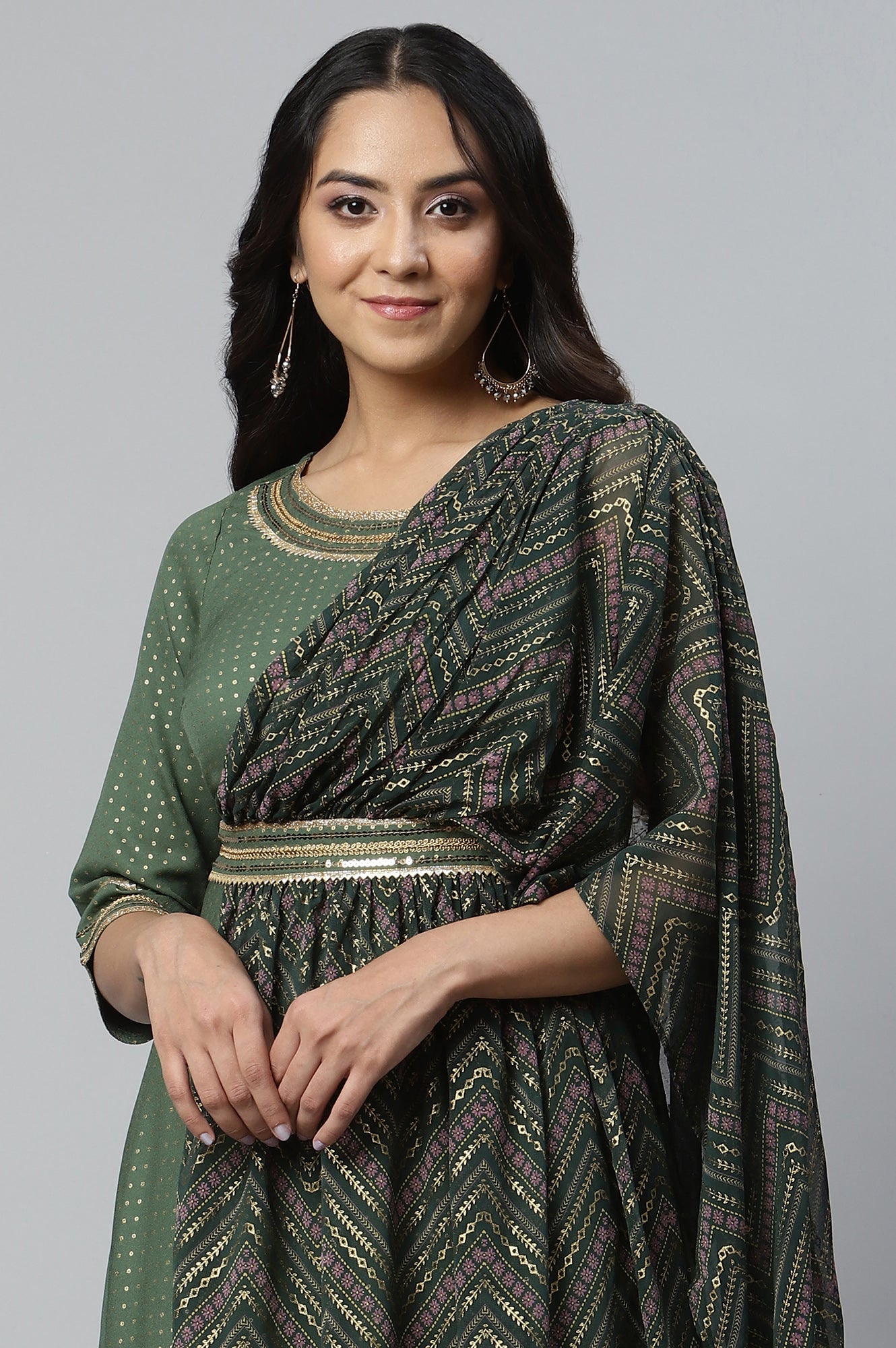 Green Embellished Drape Style kurta