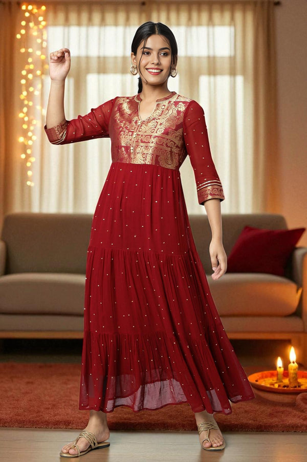 Maroon Tiered Yarn Dyed Dress