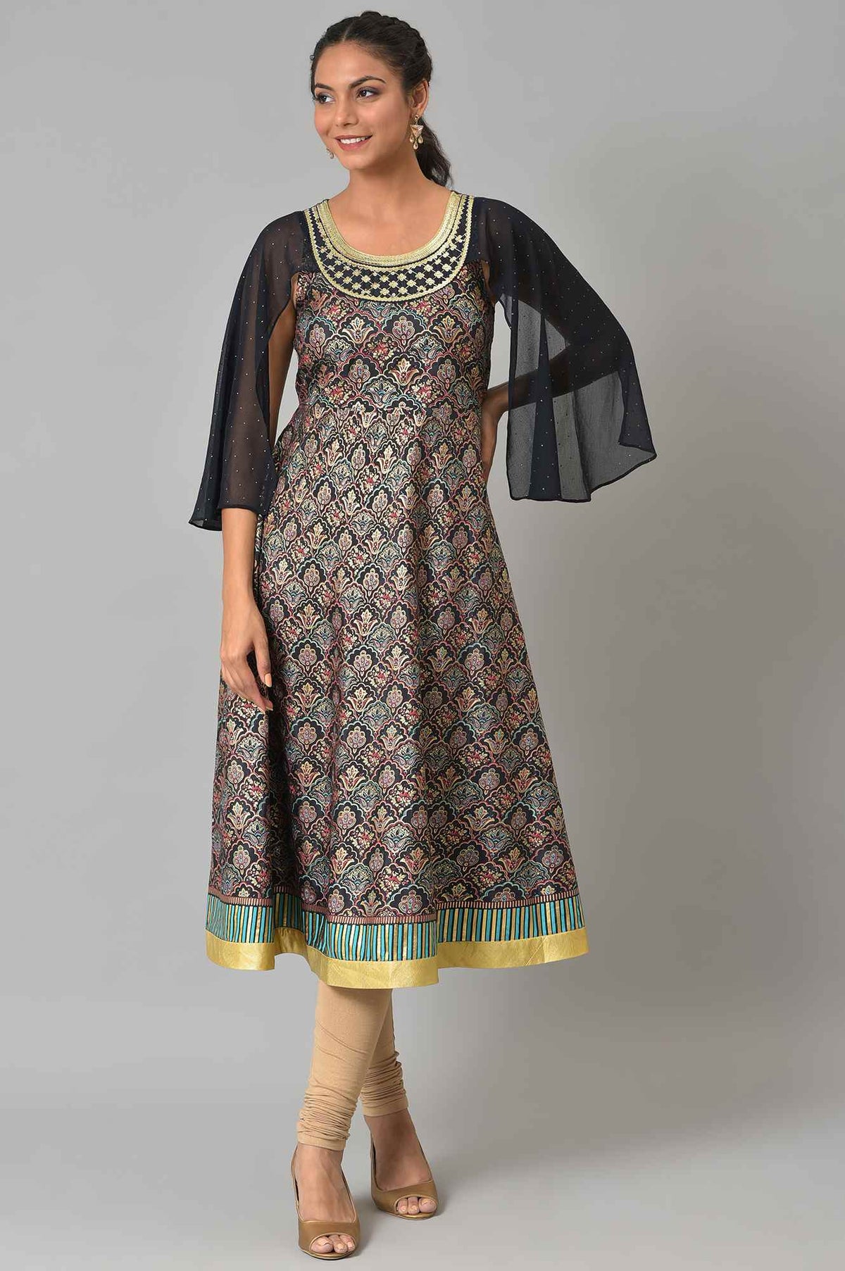 Navy Foil Printed Liva kurta With Embroidered Neck - M