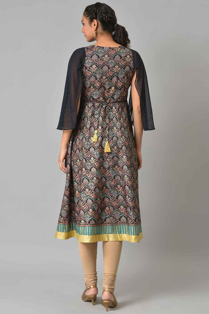 Navy Foil Printed Liva kurta With Embroidered Neck