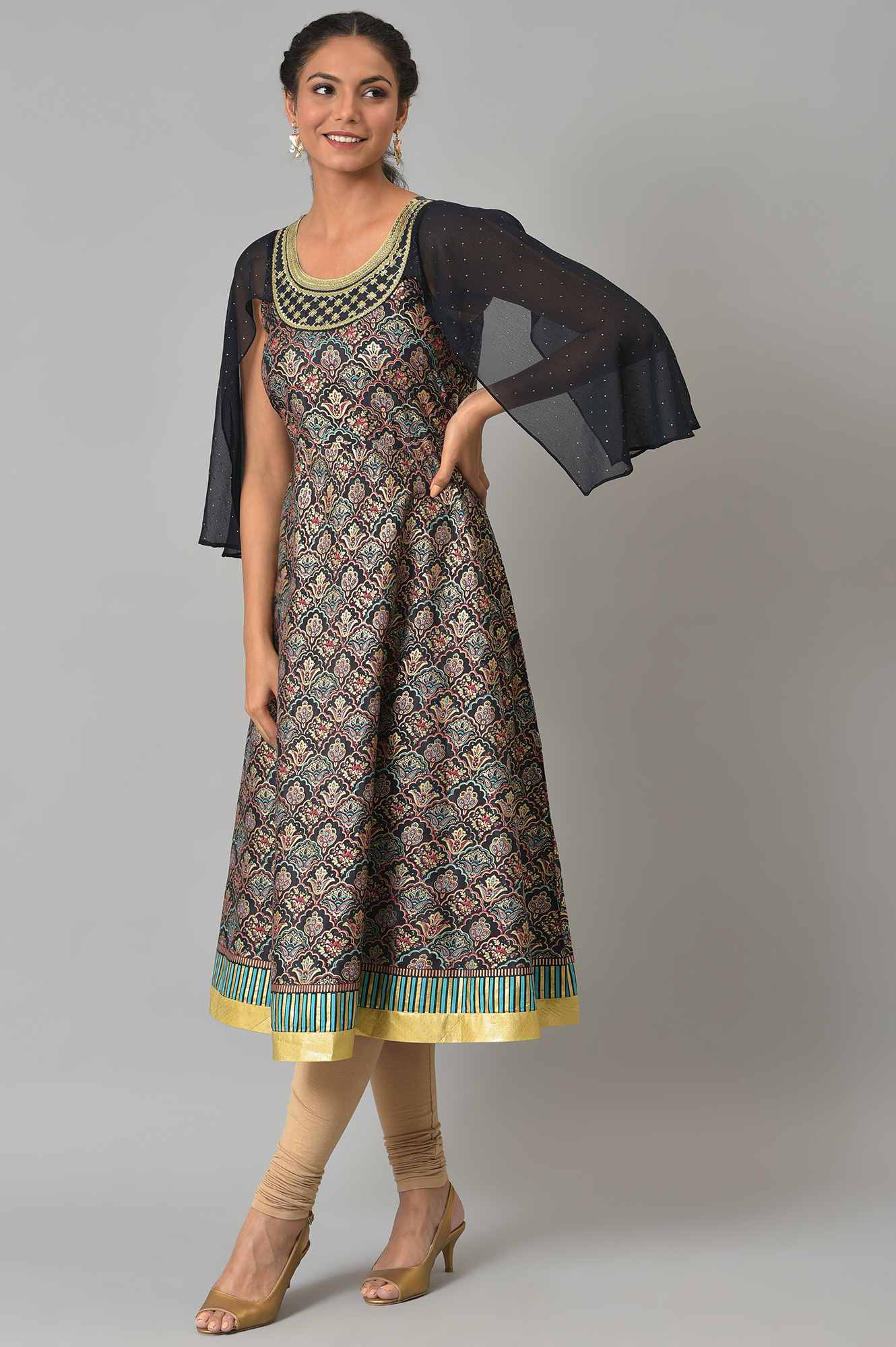 Navy Foil Printed Liva kurta With Embroidered Neck