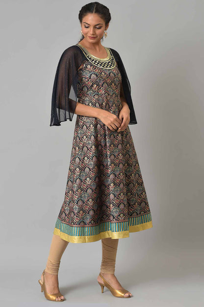 Navy Foil Printed Liva kurta With Embroidered Neck