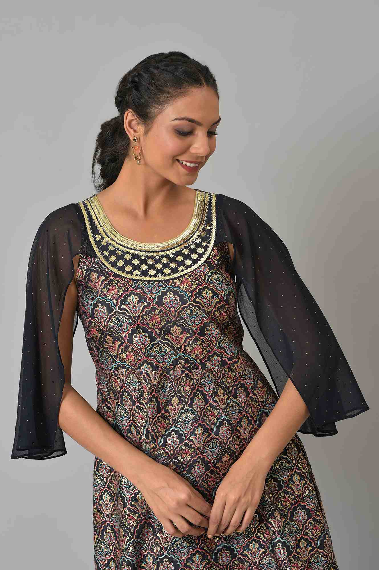 Navy Foil Printed Liva kurta With Embroidered Neck