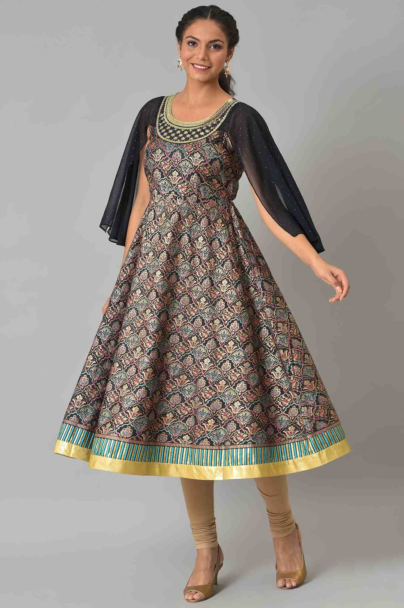 Navy Foil Printed Liva kurta With Embroidered Neck