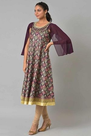 Maroon A-Line Foil Printed Festive Liva kurta