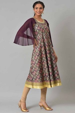 Maroon A-Line Foil Printed Festive Liva kurta