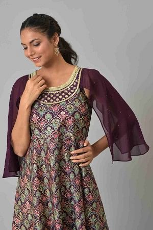 Maroon A-Line Foil Printed Festive Liva kurta