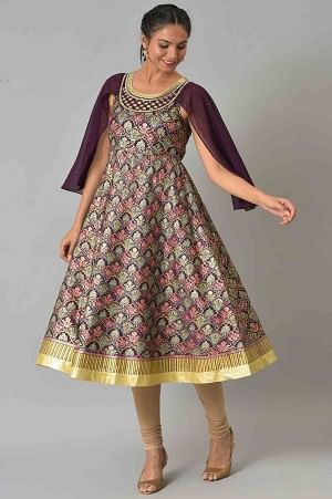 Maroon A-Line Foil Printed Festive Liva kurta