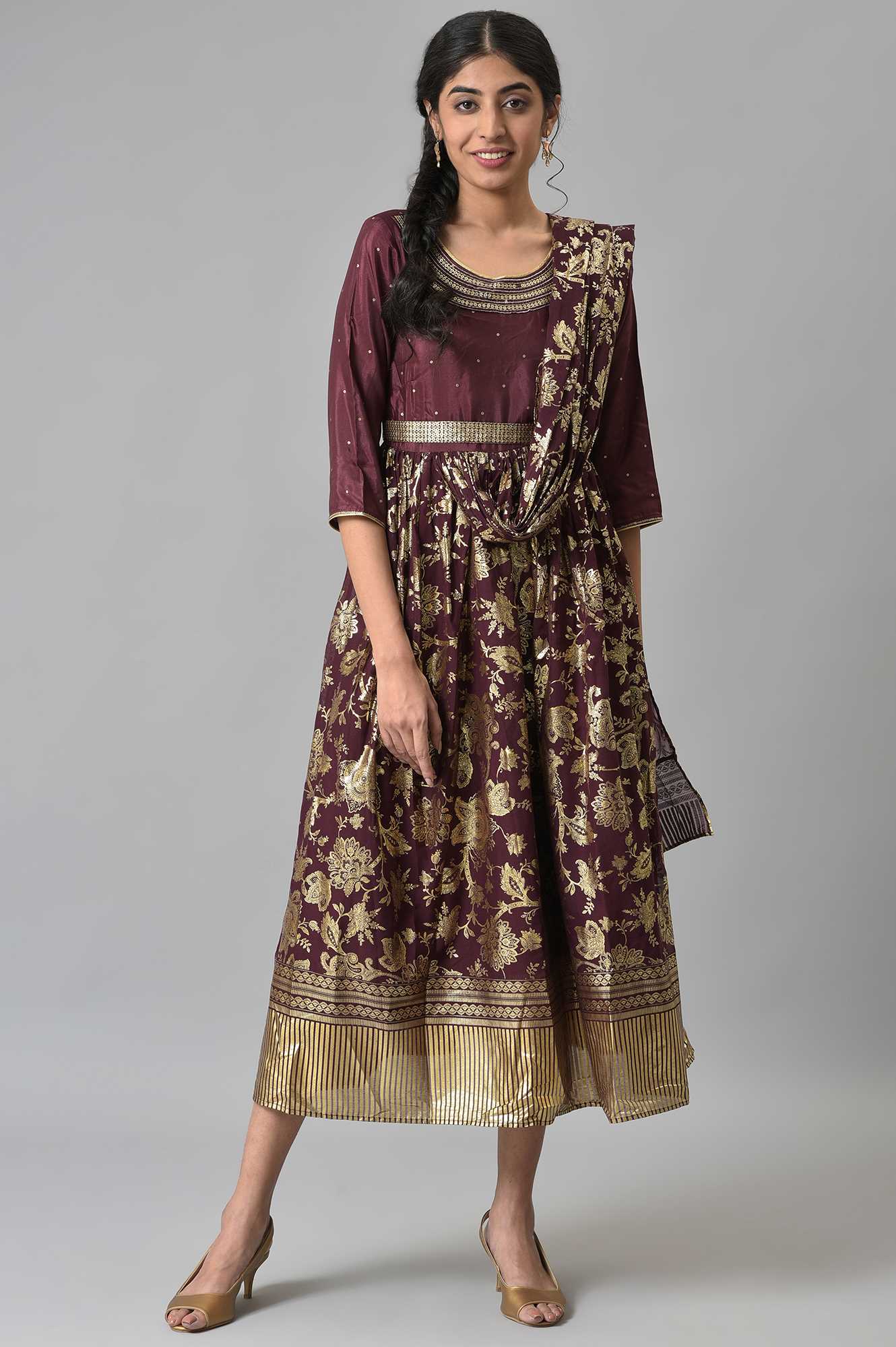 Brown Poly Shantung Printed Saree Dress