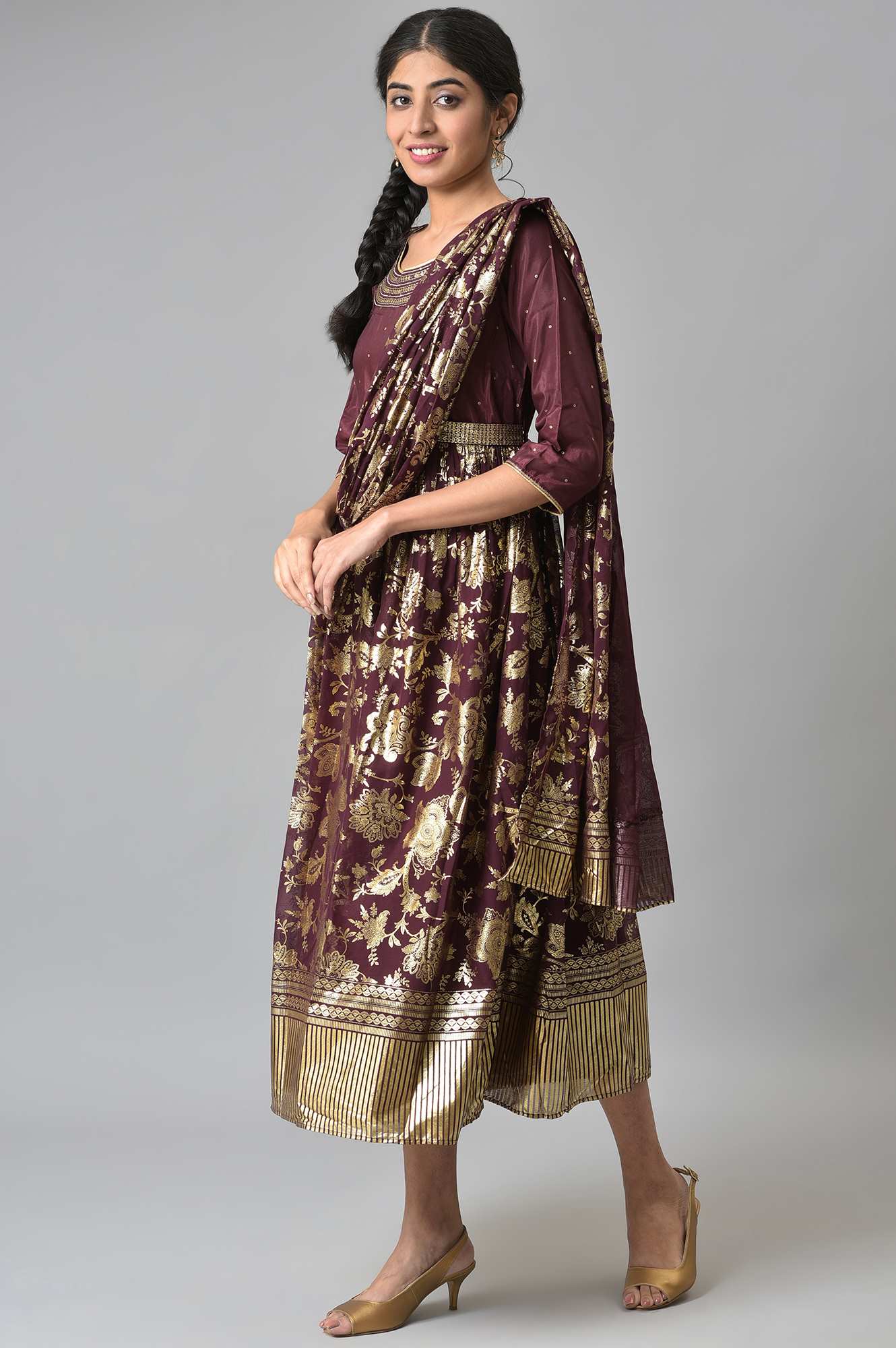 Brown Poly Shantung Printed Saree Dress