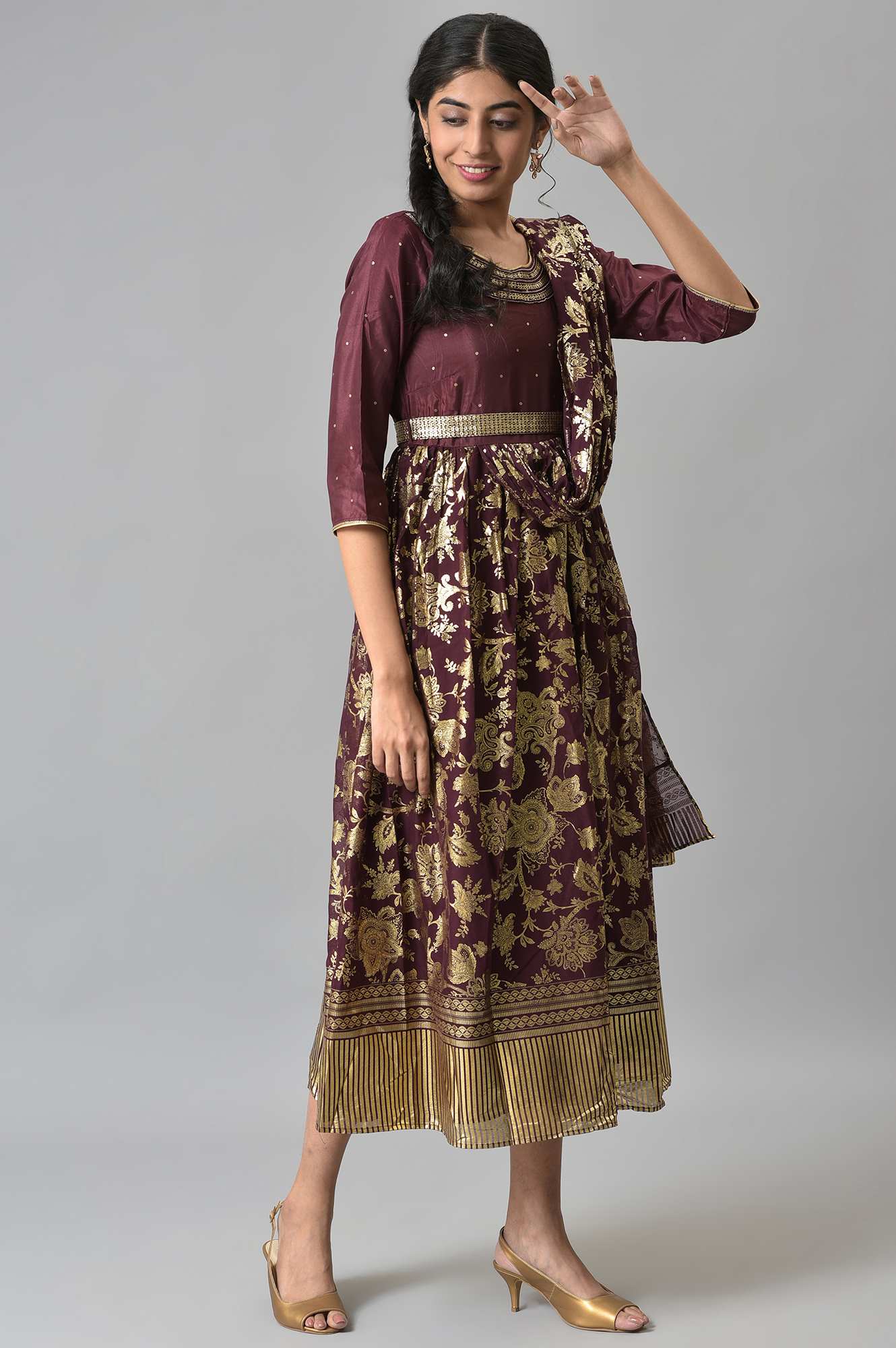 Brown Poly Shantung Printed Saree Dress