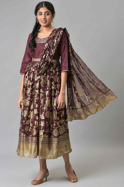 Brown Poly Shantung Printed Saree Dress