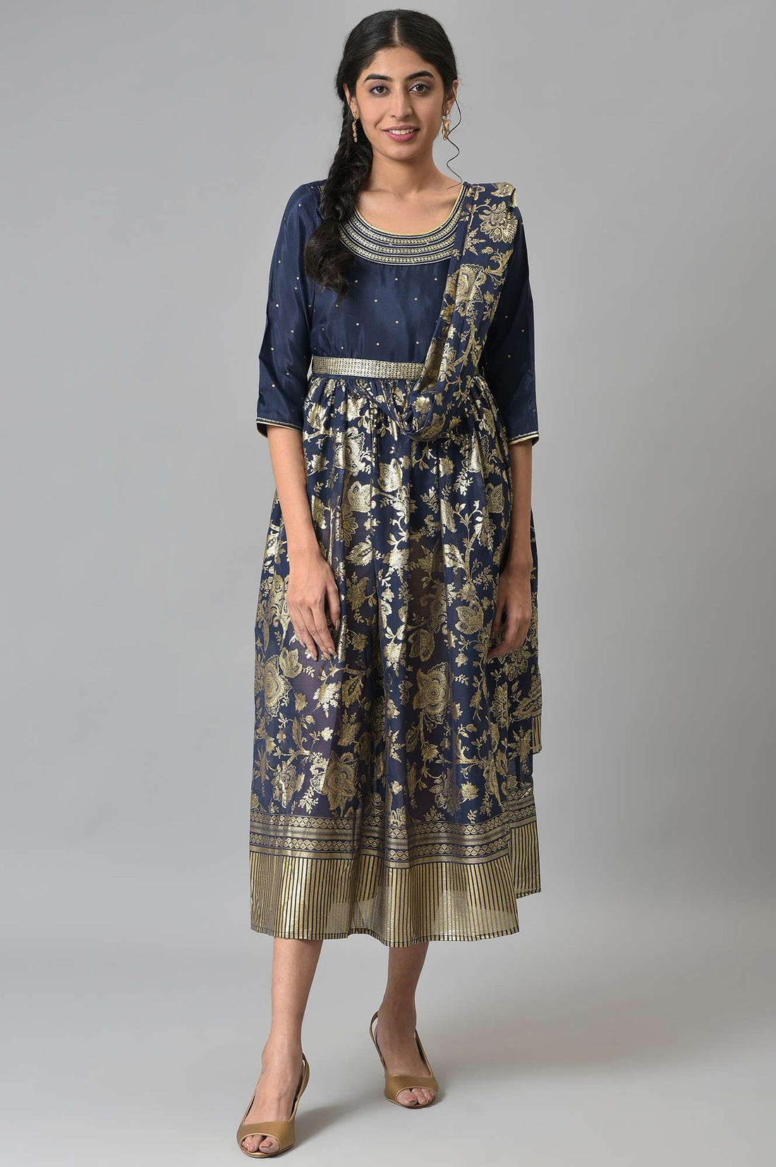 Buy Navy Floral Printed A-line Saree-Dress Online for Woman