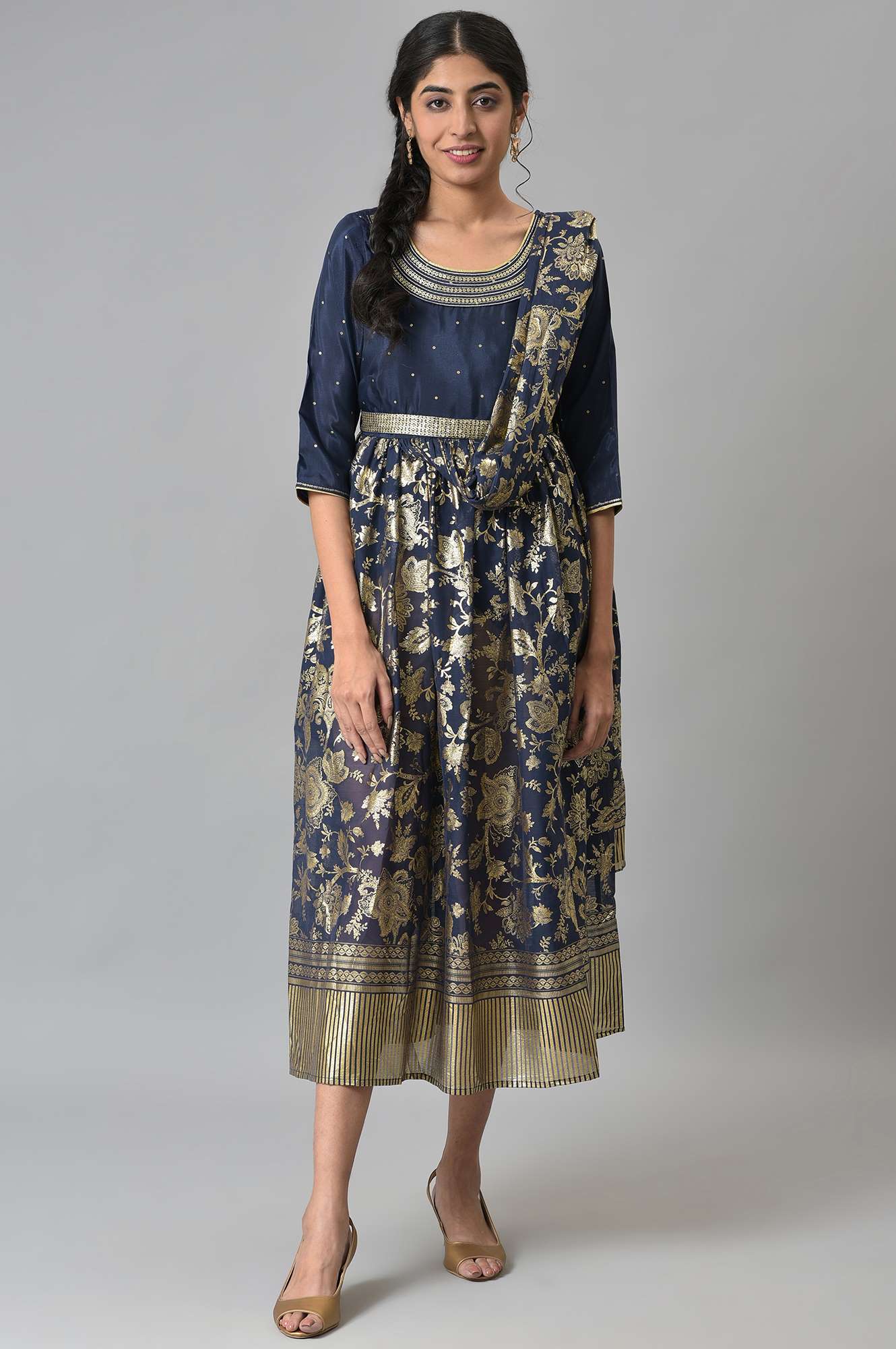 Navy Floral Printed A-line Saree-Dress