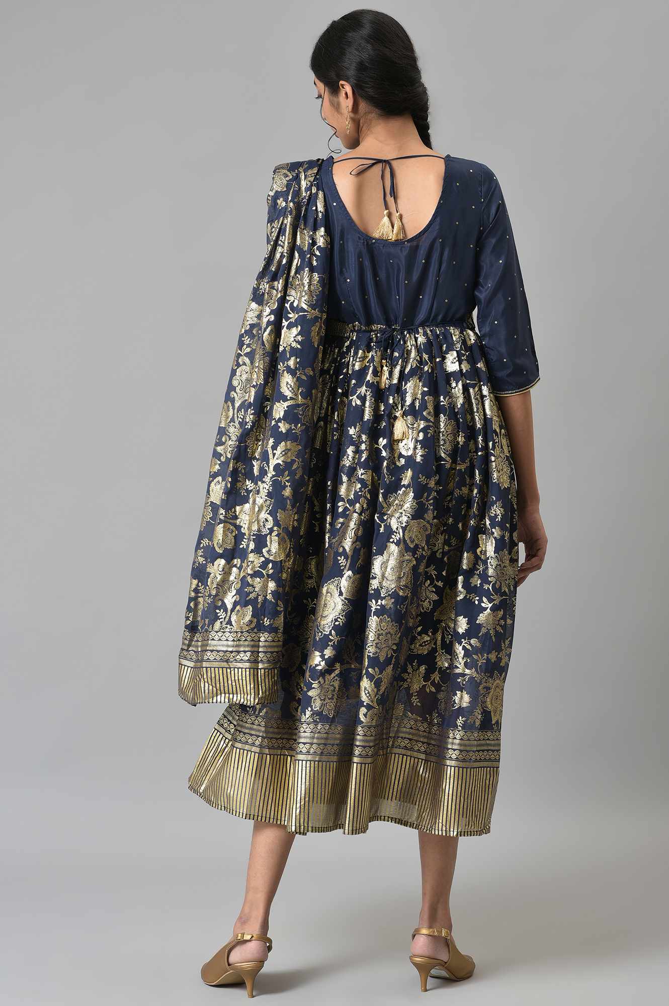 Navy Floral Printed A-line Saree-Dress