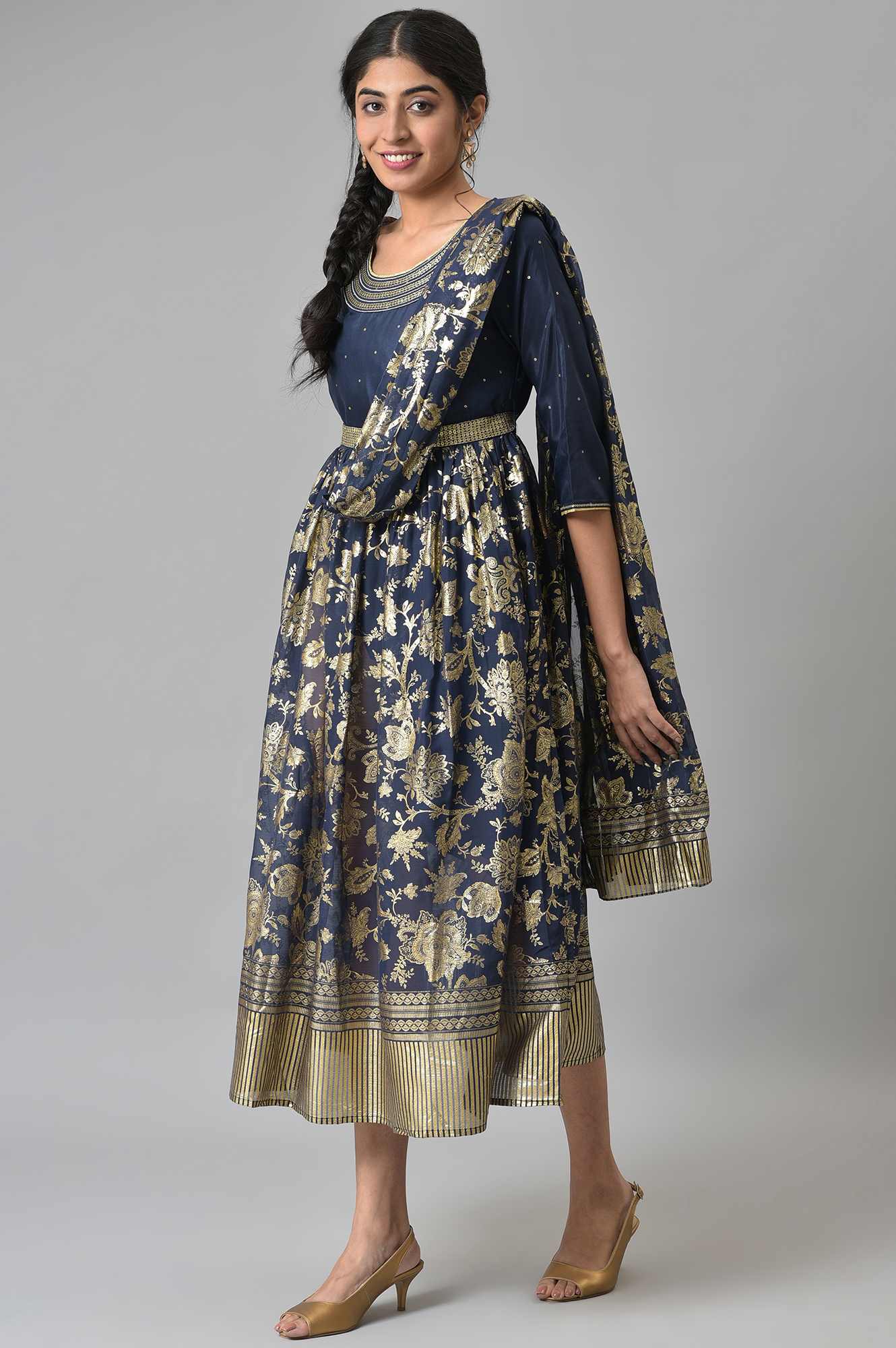 Navy Floral Printed A-line Saree-Dress