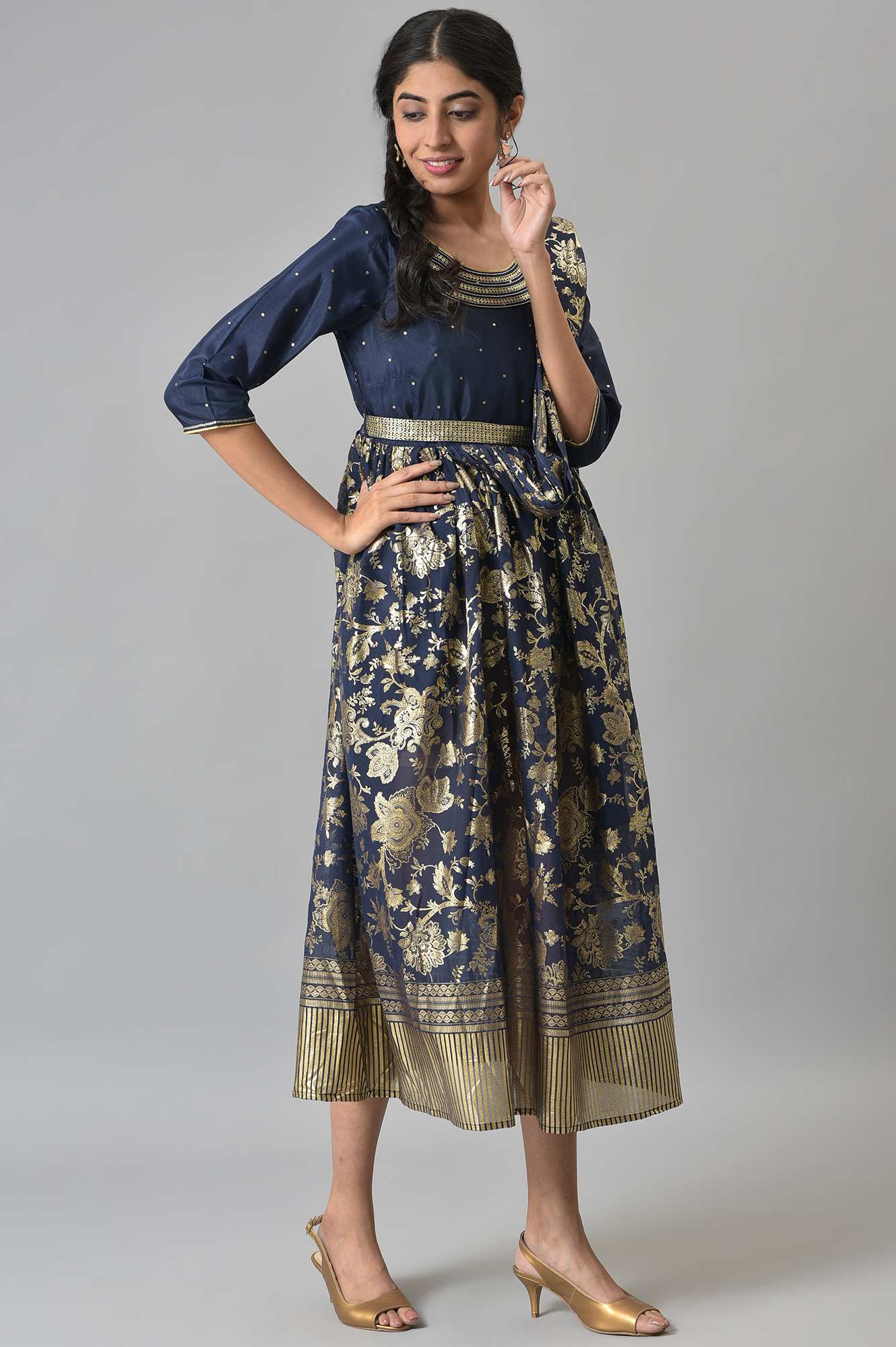 Navy Floral Printed A-line Saree-Dress