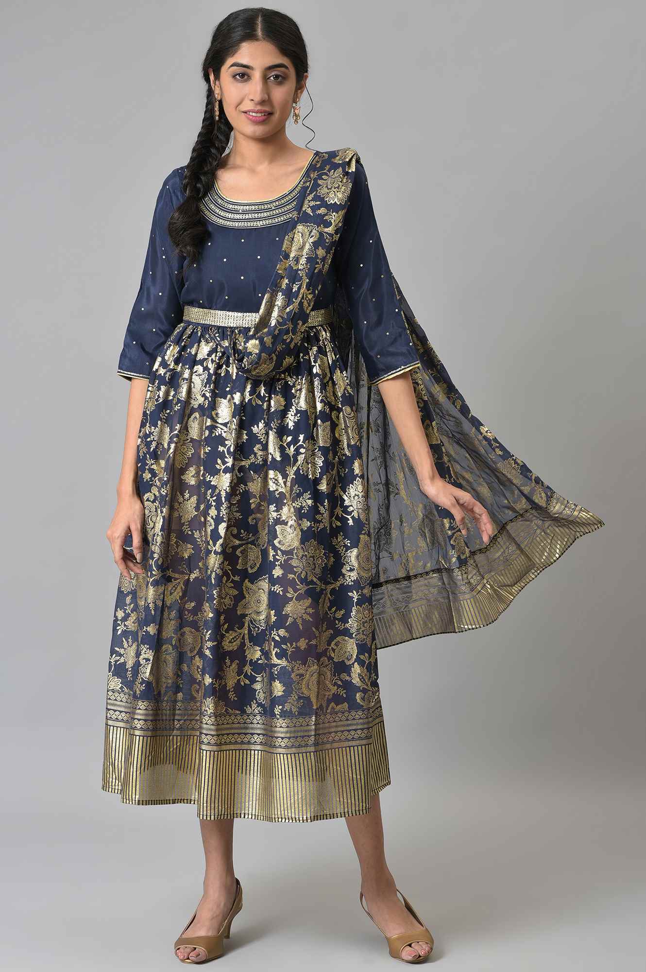 Navy Floral Printed A-line Saree-Dress