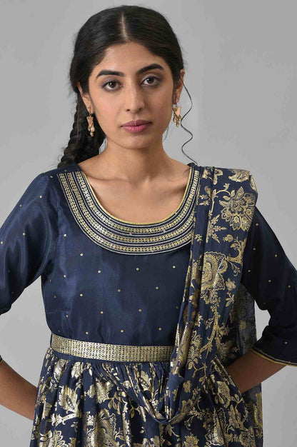 Navy Floral Printed A-line Saree-Dress