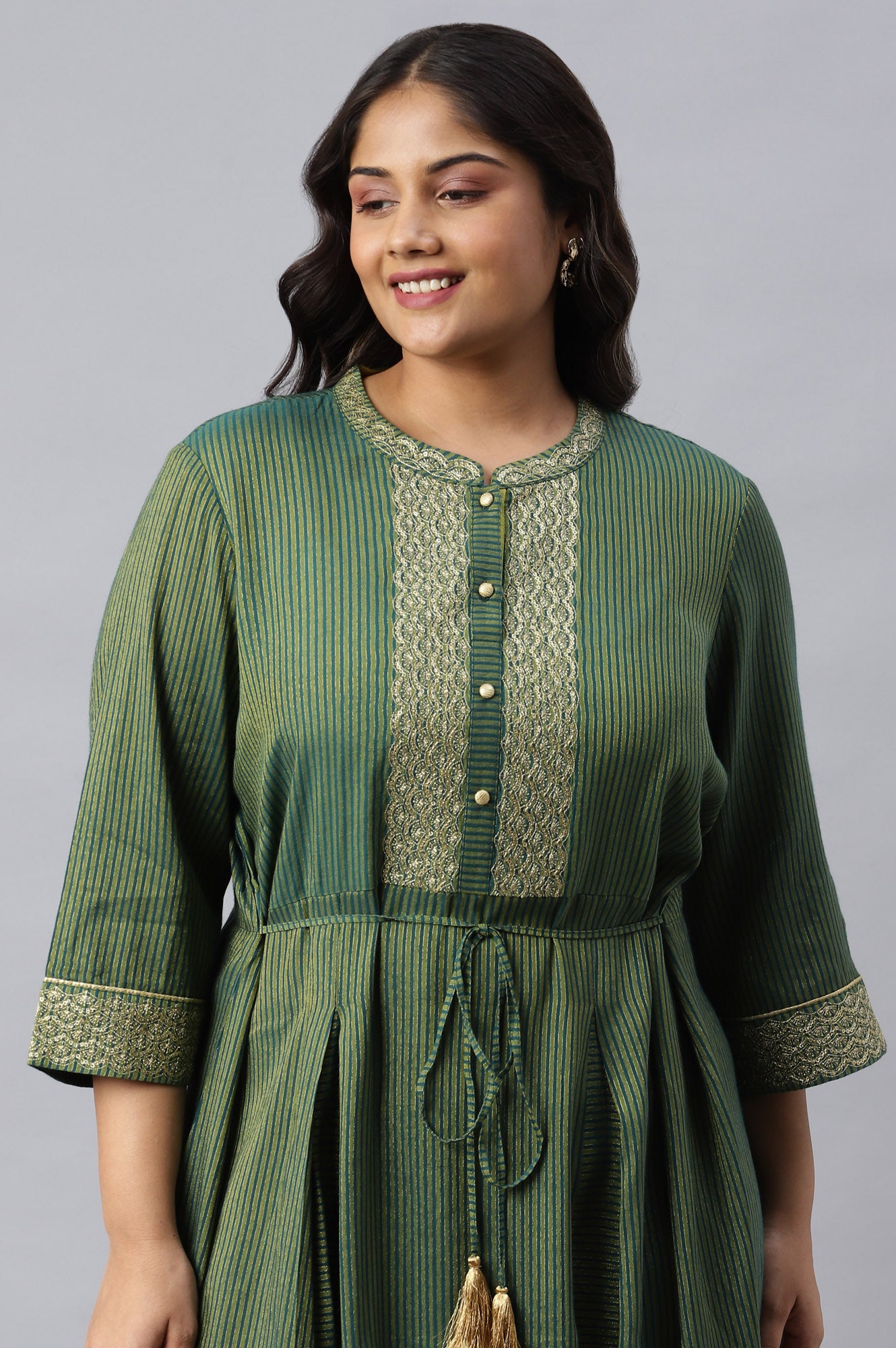 Green Yarn-Dyed Stripe Print Plus Size Dress