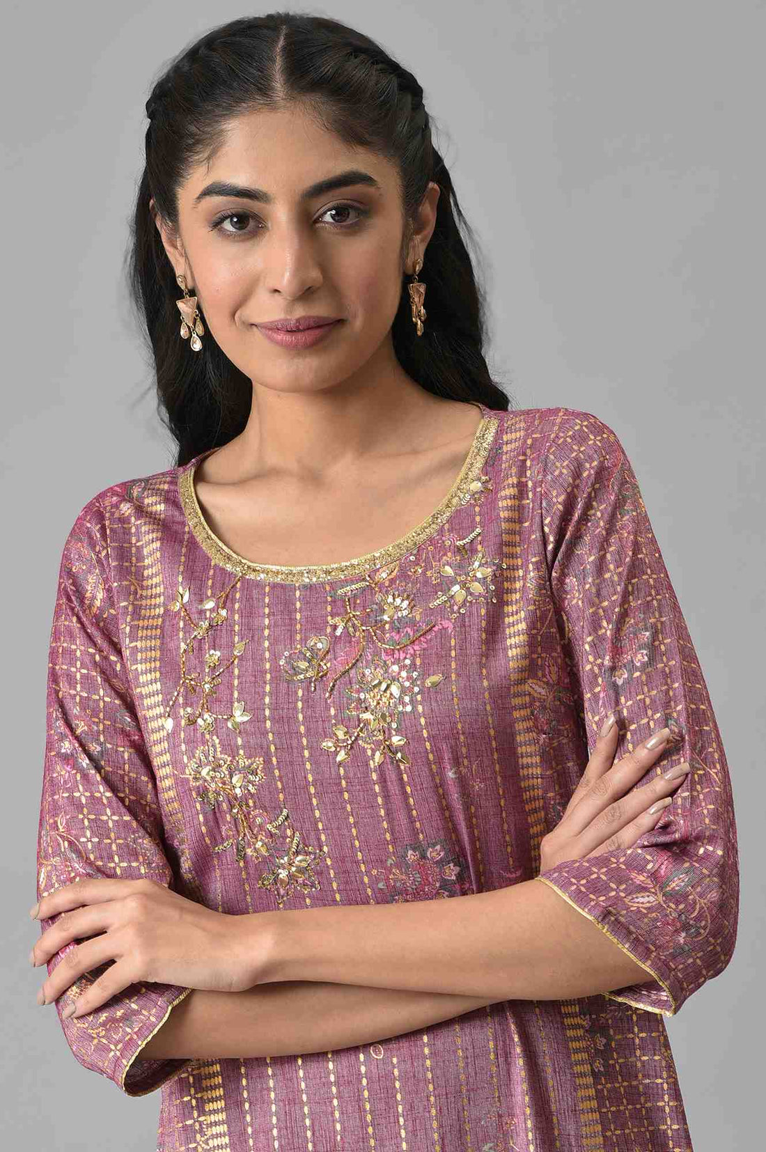 Purple Sequins Viscose Blend Straight Kurta and Skirt Set