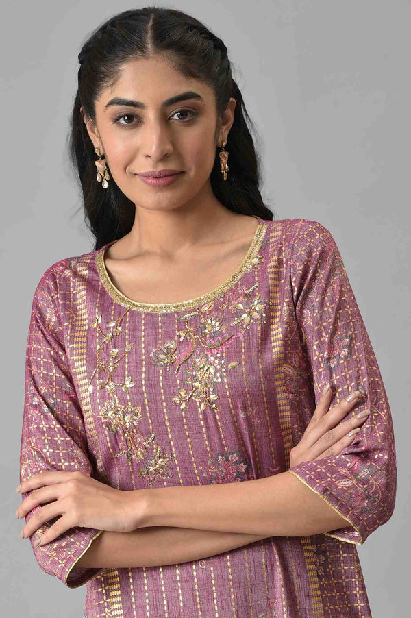 Purple Sequins Viscose Blend Straight Kurta and Skirt Set