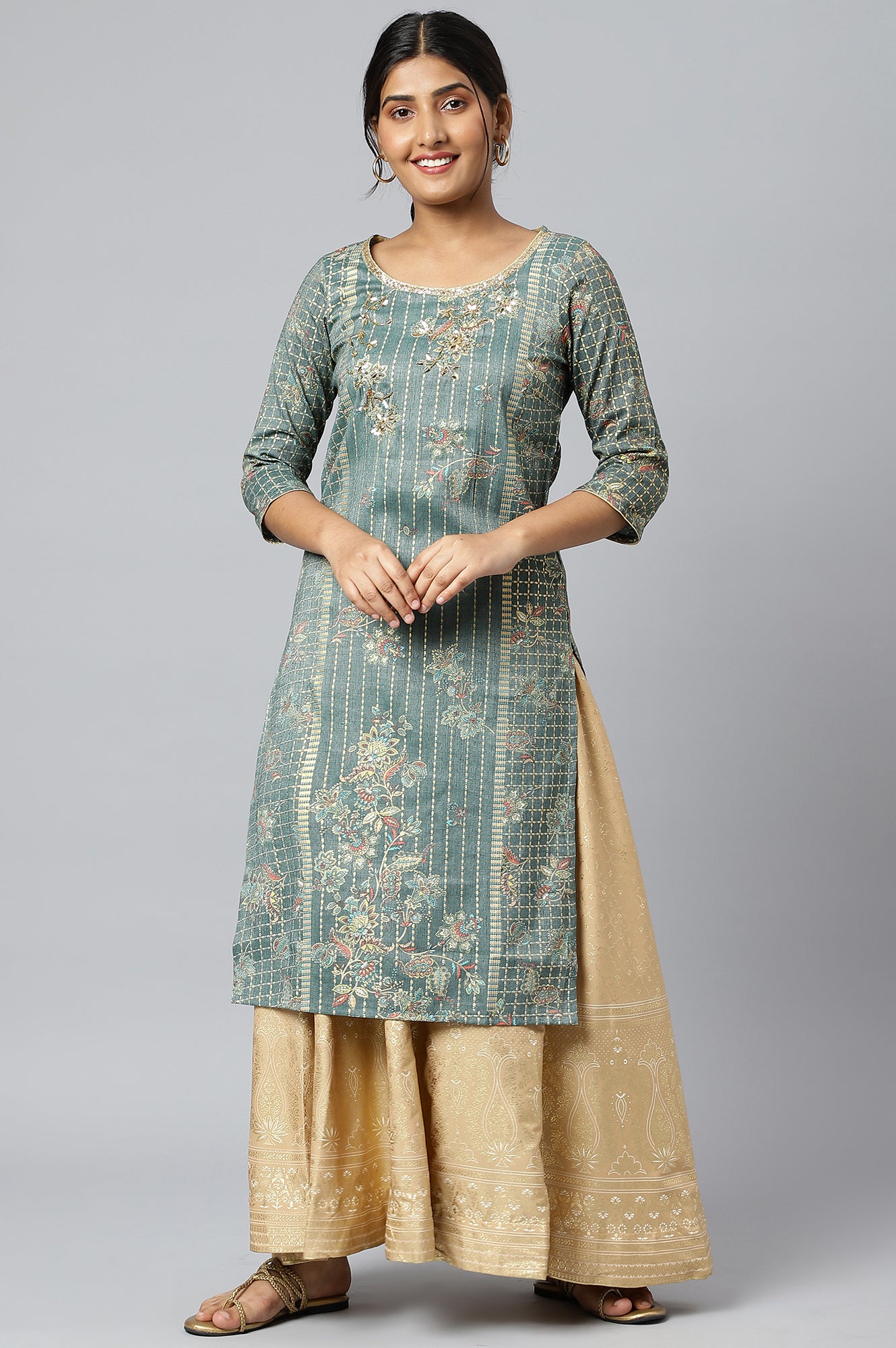 Green Sequined and Foil Printed kurta