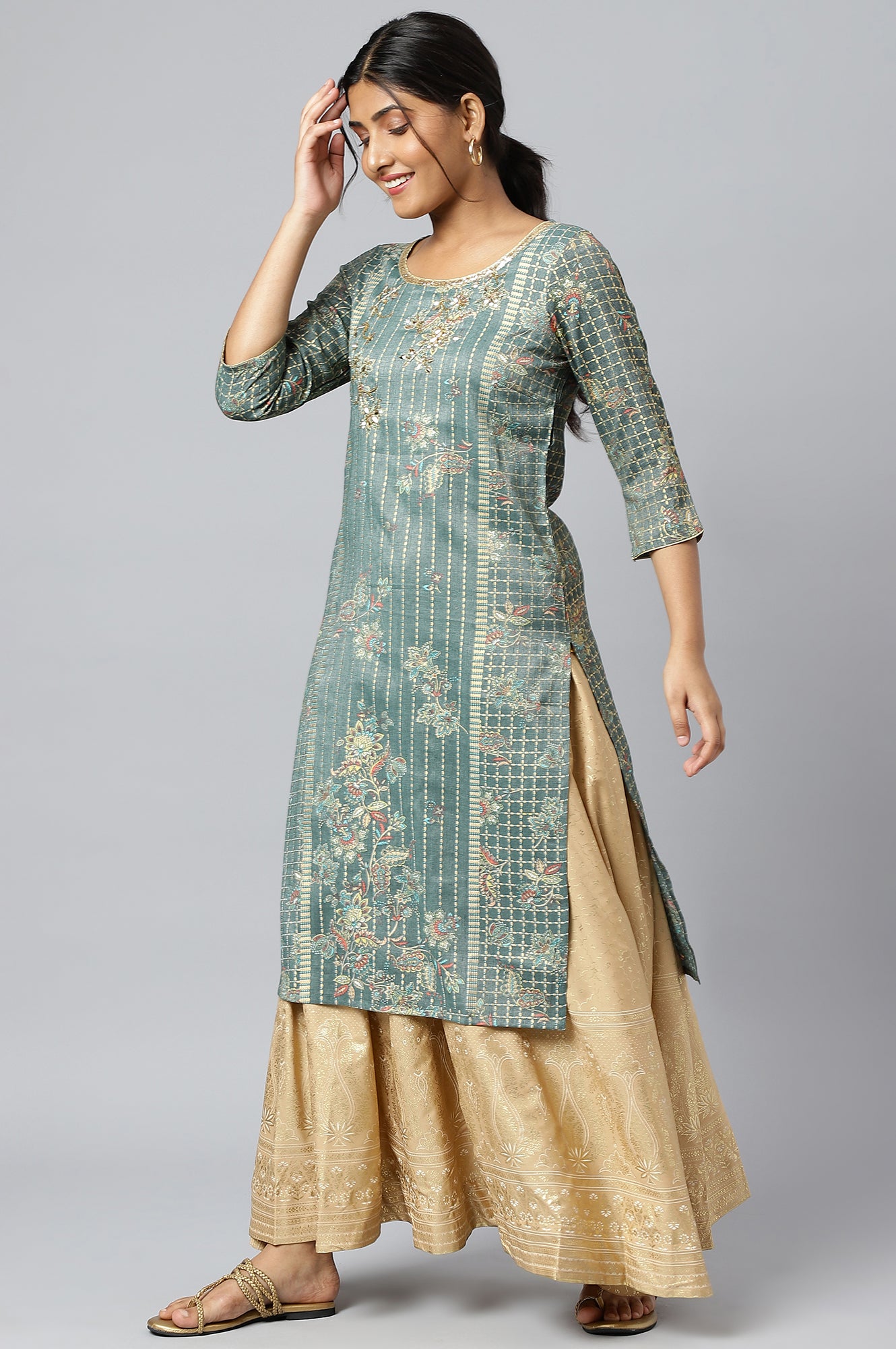 Green Sequined and Foil Printed kurta