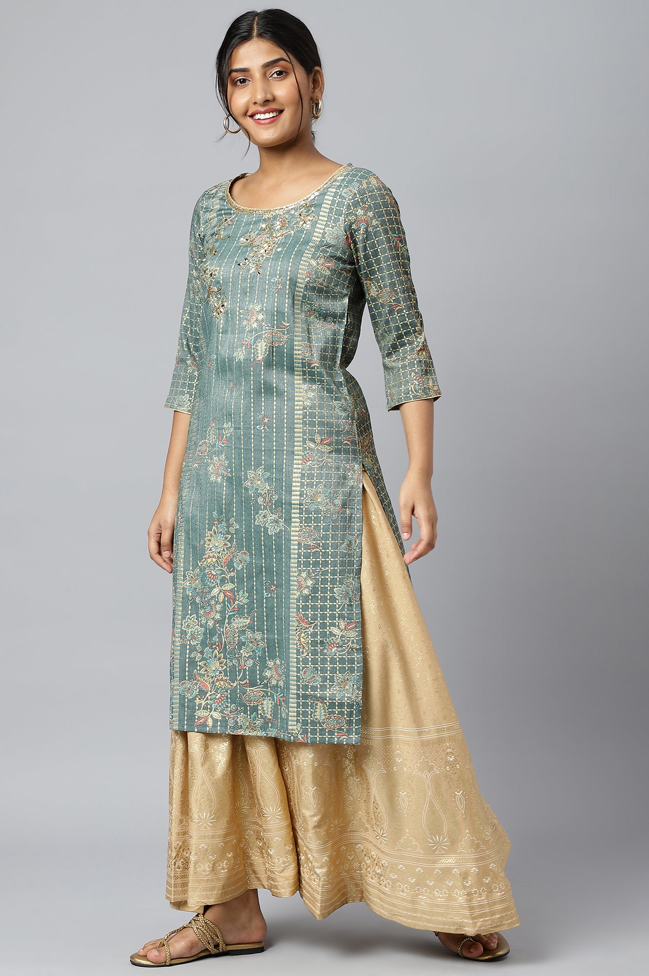 Green Sequined and Foil Printed kurta