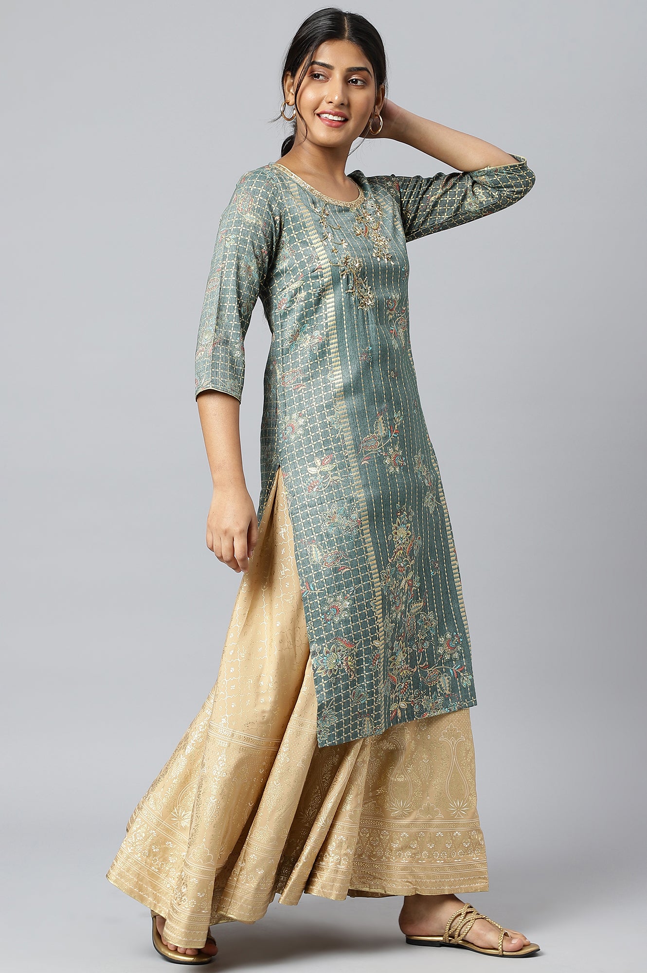 Green Sequined and Foil Printed kurta