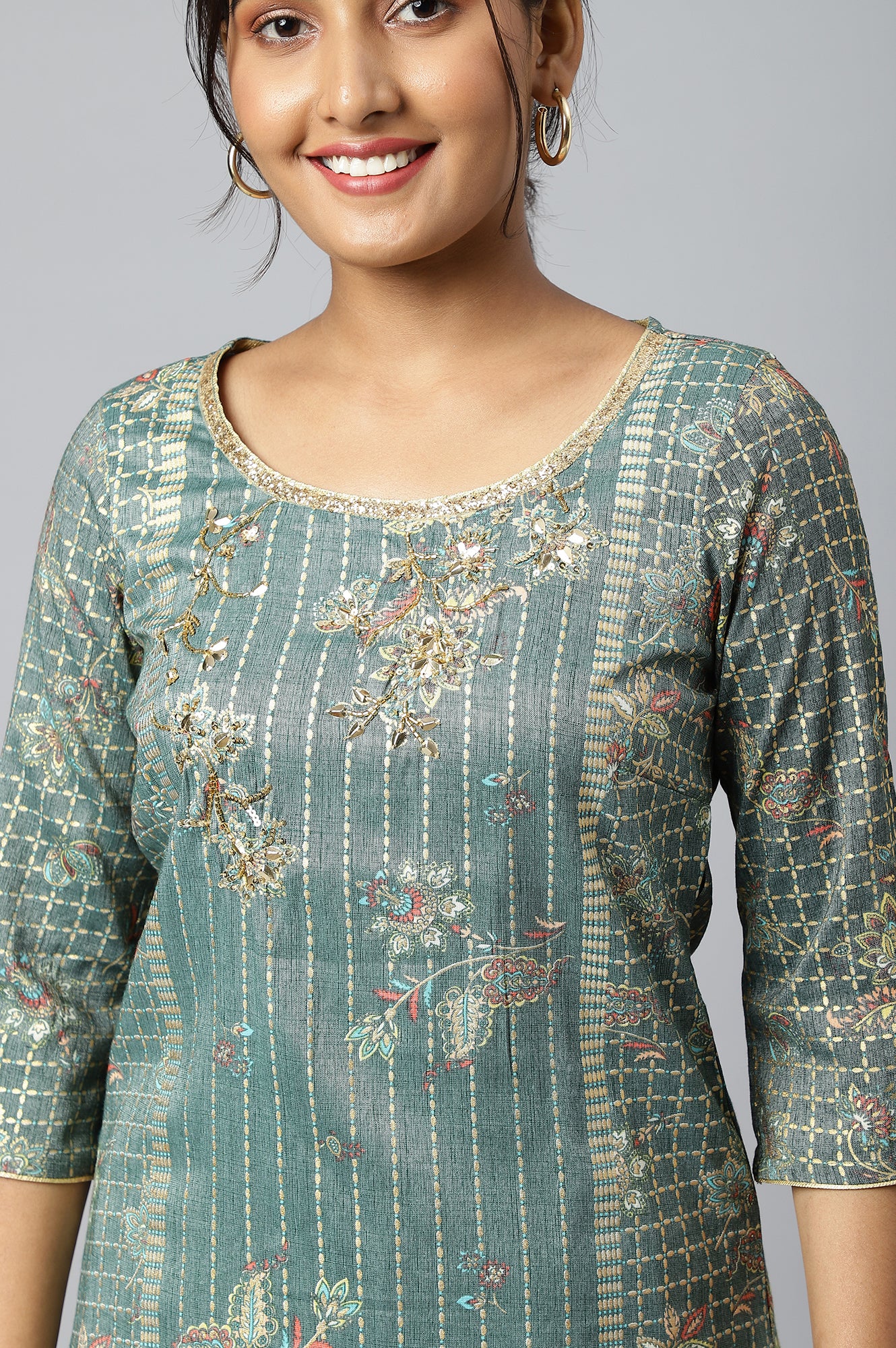 Green Sequined and Foil Printed kurta