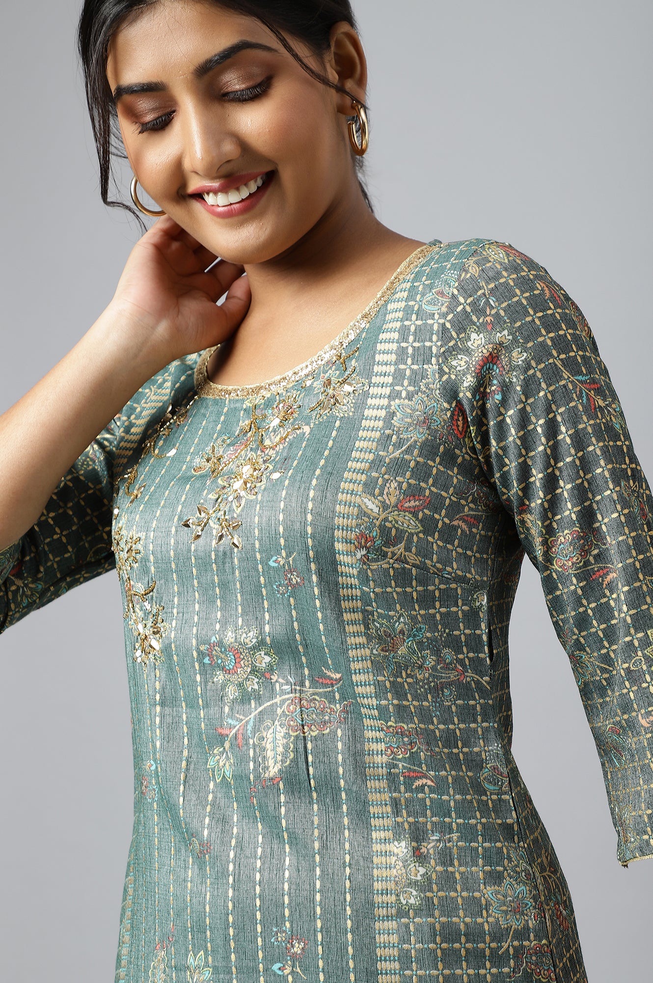 Green Sequined and Foil Printed kurta