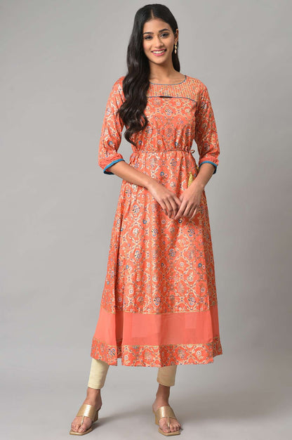 Peach Foil Printed A-Line Liva kurta