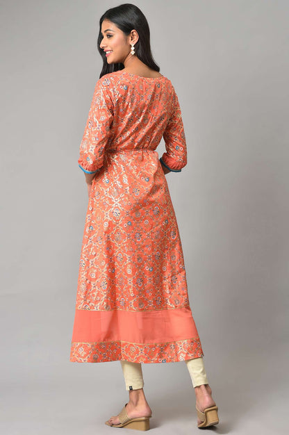 Peach Foil Printed A-Line Liva kurta