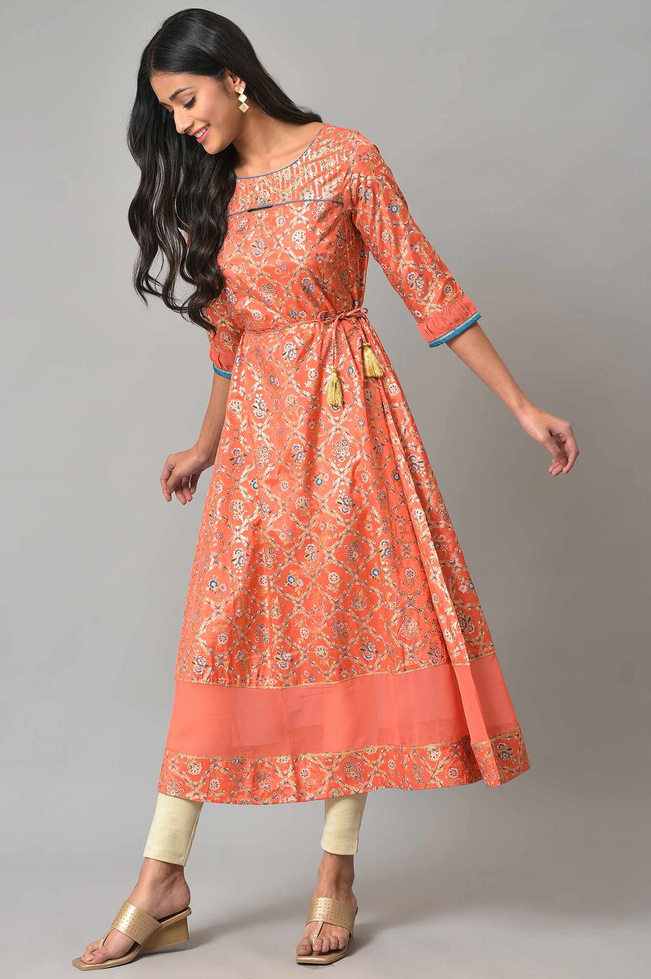 Peach Foil Printed A-Line Liva kurta