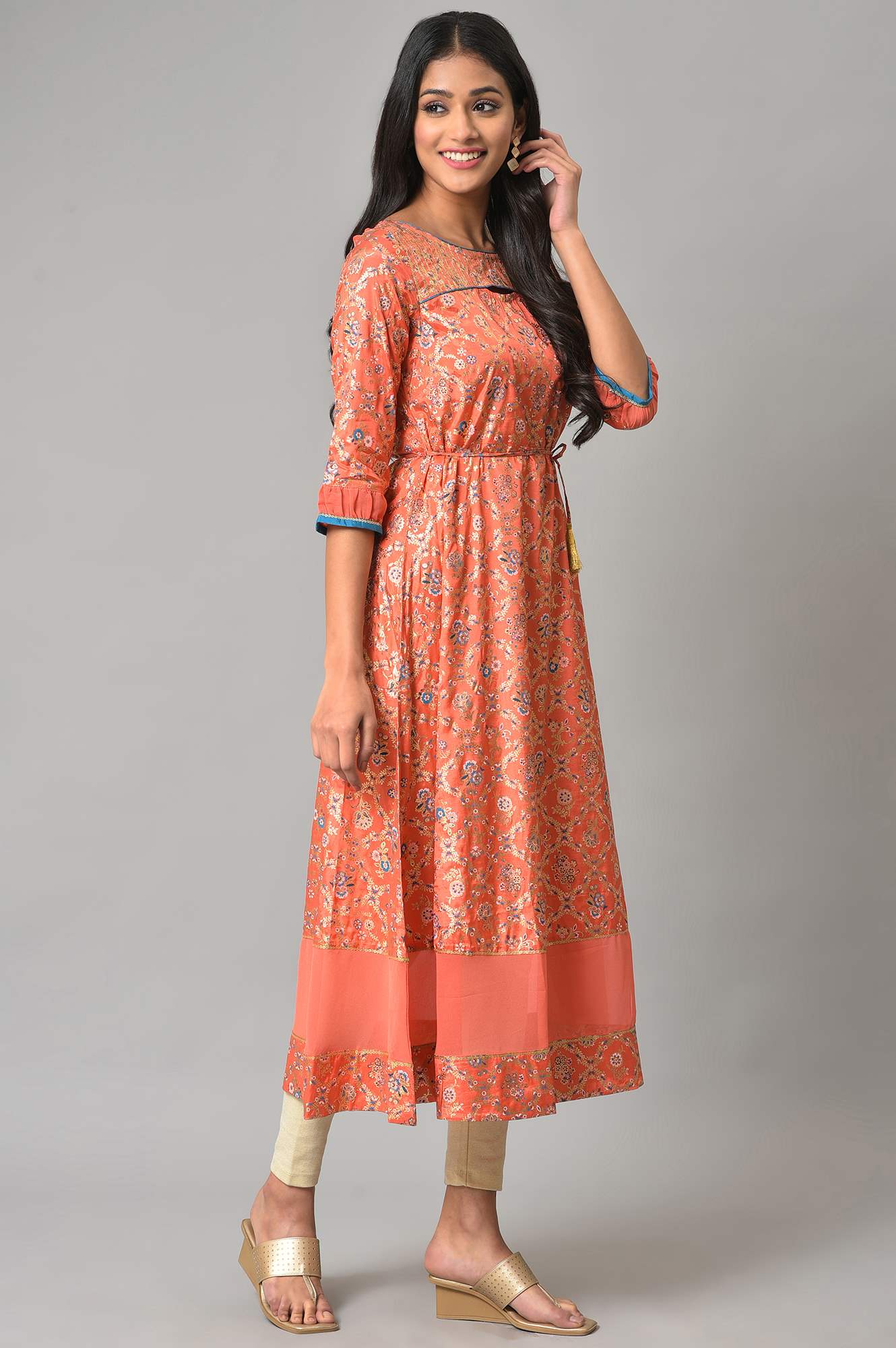 Peach Foil Printed A-Line Liva kurta